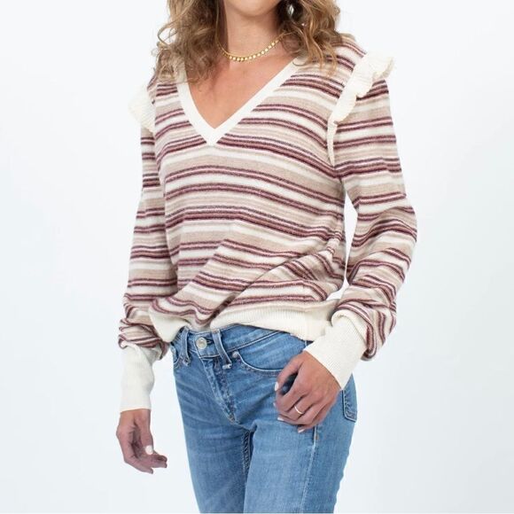 Joie Cais D Porcelain Striped Metallic Wool Cashmere Ruffle Sleeve Sweater Sz M - Picture 7 of 7
